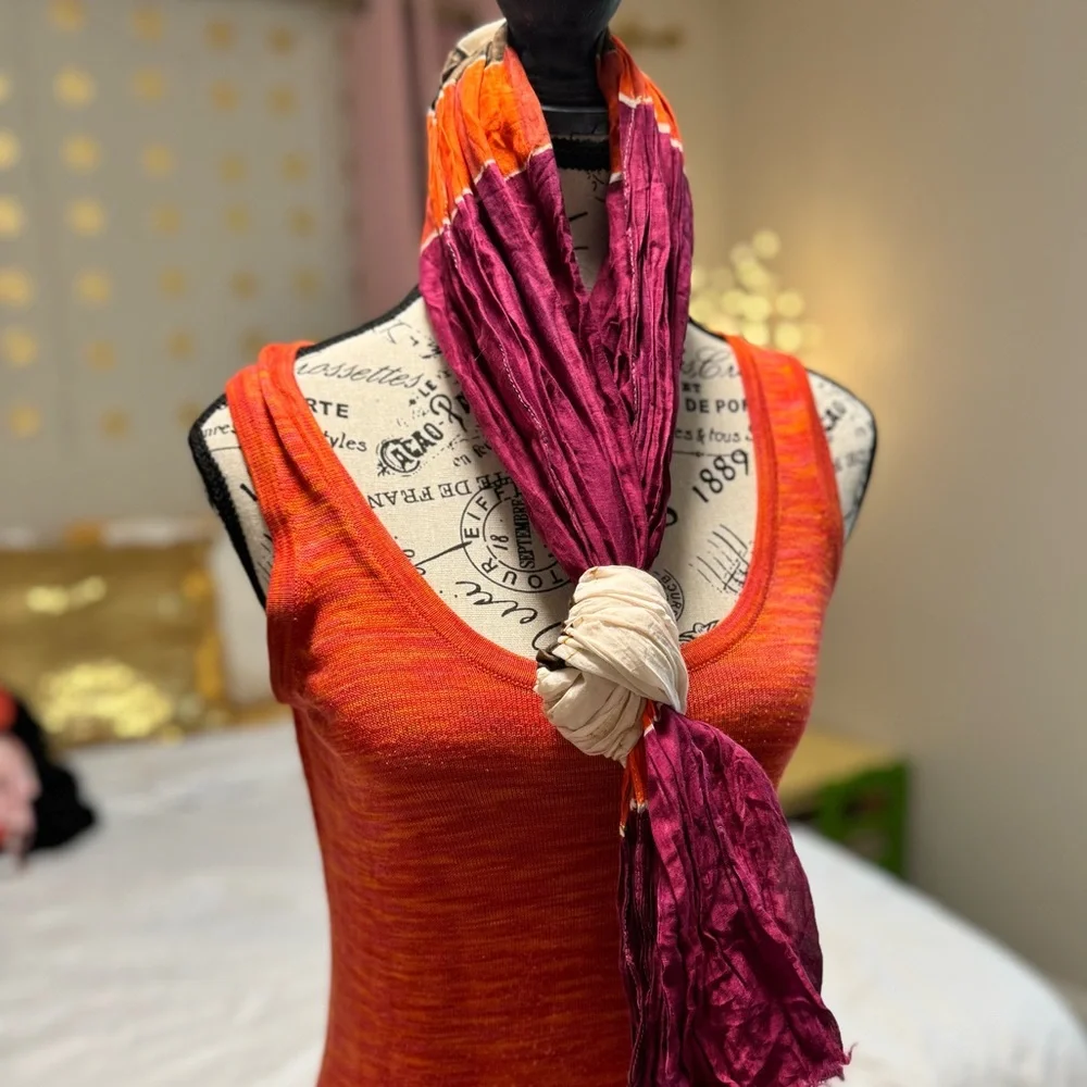 LOFT Crinkle Scarf | Orange Plum Cream Boho Lightweight Raw Edge Scarf - Picture 7 of 8